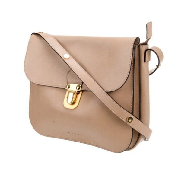Marni Beige Leather Pushlock Saddle Shoulder Crossbody Bag Adjustable Strap - Picture 2 of 16